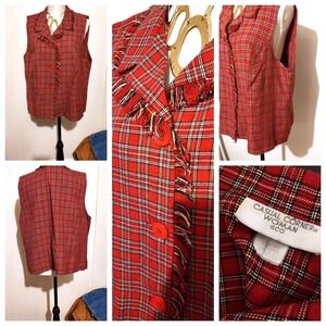 Casual Corner Vintage Green Red Fringe Plaid Vest sz 2X Plus Holiday Vest